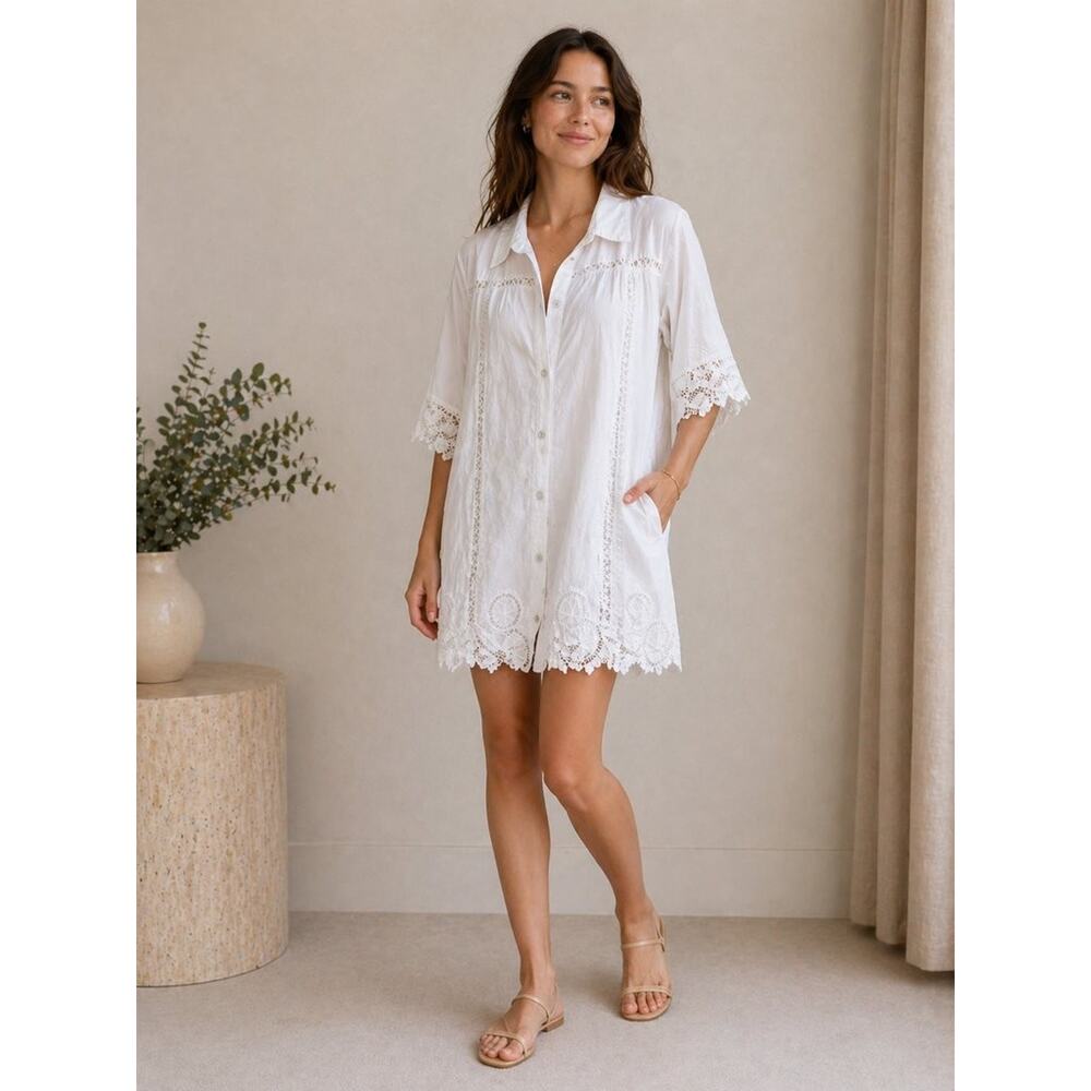 Shore White Lace Trim Oversized Cotton Shirt Dress - Size S